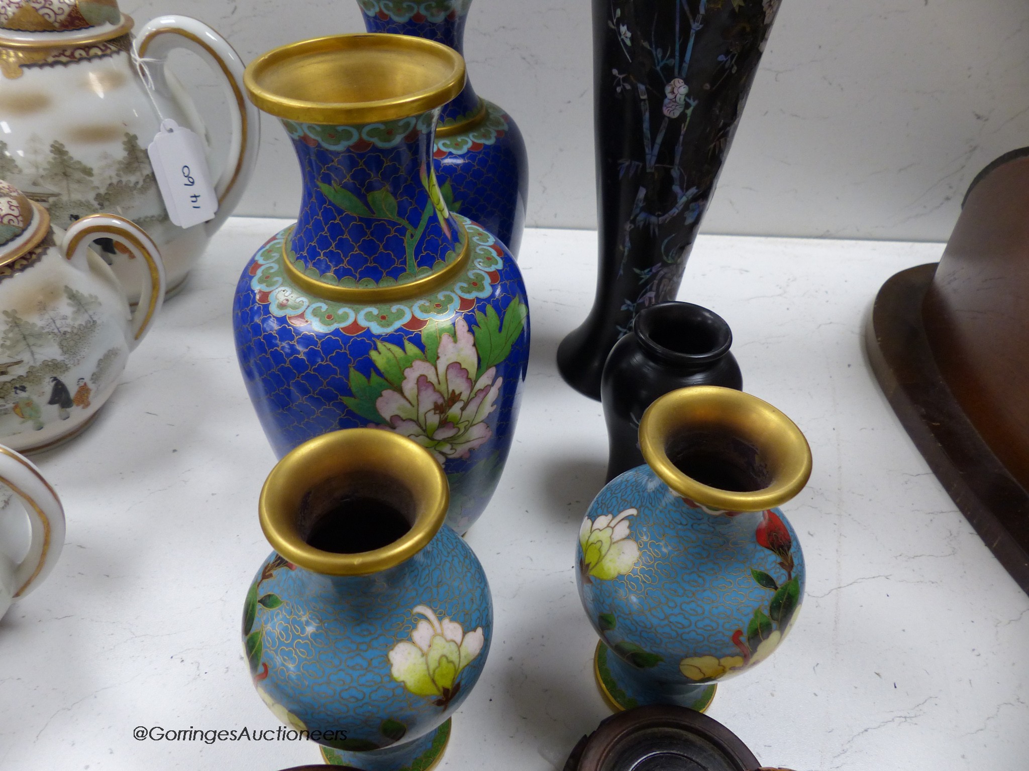 A pair of Chinese cloisonne vases and a smaller pair of cloisonne vases, and two mother of pearl inlaid vases, height 44cm